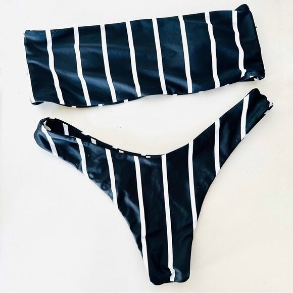 NEW SHEIN Black White Stripe High Cut Bandeau Top Cheeky Thong Swim Bikini M - Picture 1 of 4